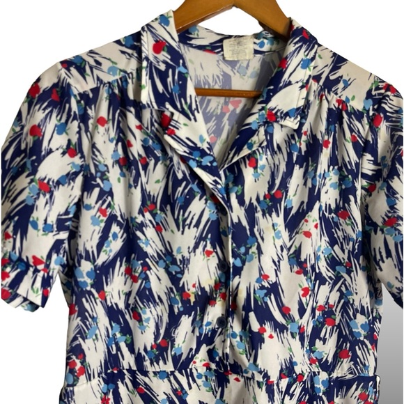 Vintage 40s Floral Rayon Dress Blue Red White Short Sleeve Midi Summer Dress - Picture 2 of 5